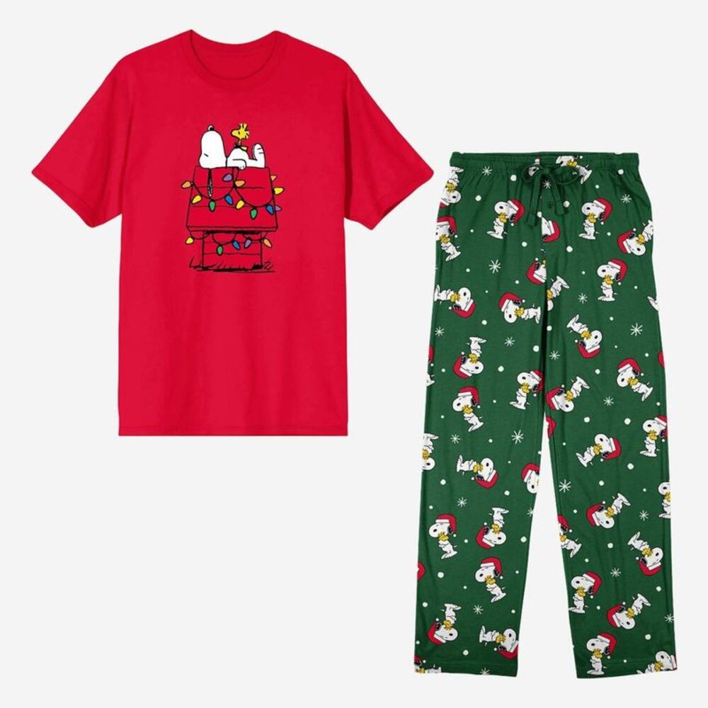 Open Box - Peanuts - Men's Snoopy Holiday Lounge Set - Red/Green M Red/Green